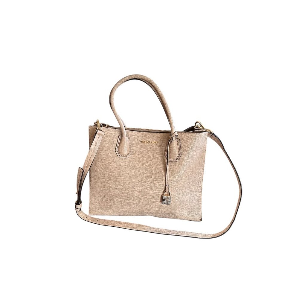 Michael Kors Mercer Beige Saffiano Leather Top Handle Bag Gold Hardware Sz L